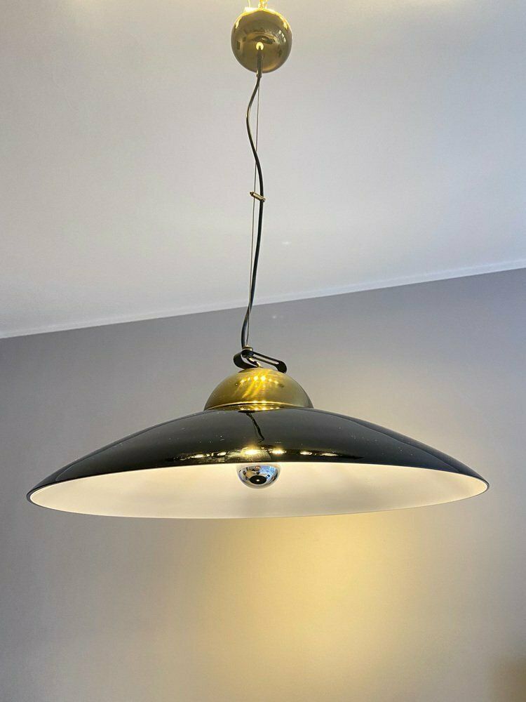 photo furniture Suspension Lamp In Brass And Black Lacquered Metal, Italy, 70s