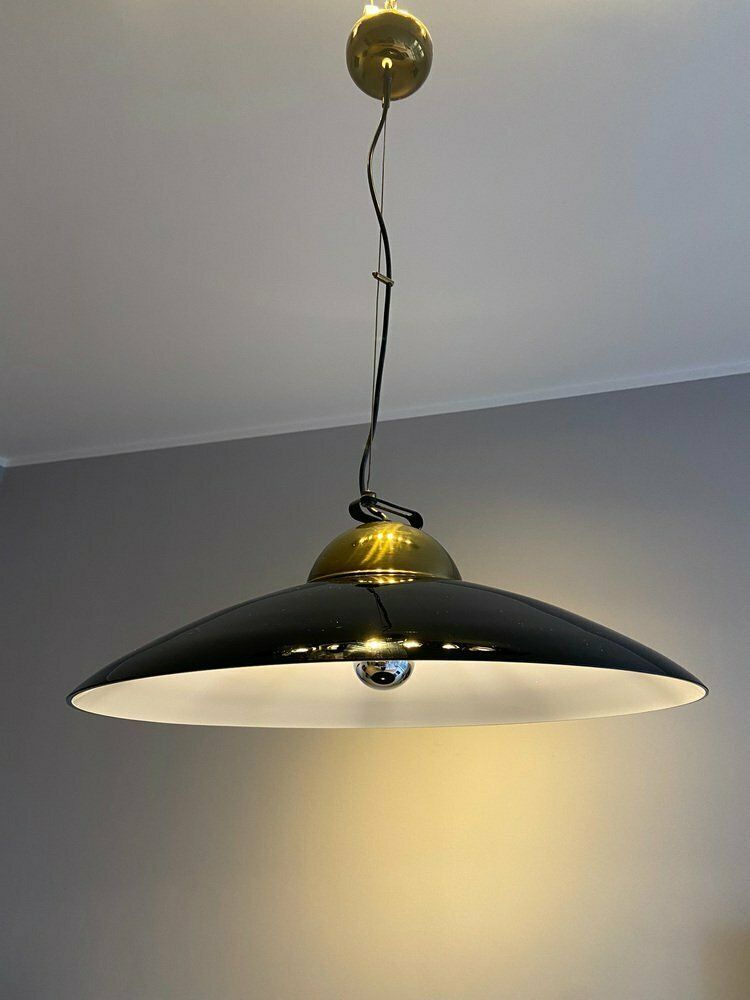 photo for sale Suspension Lamp In Brass And Black Lacquered Metal, Italy, 70s