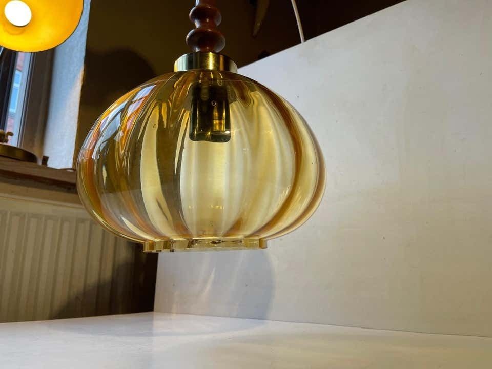 Vintage Swedish Sunburst Pendant Lamp In Blown Optical Honey Glass, 1970s photo Lighting