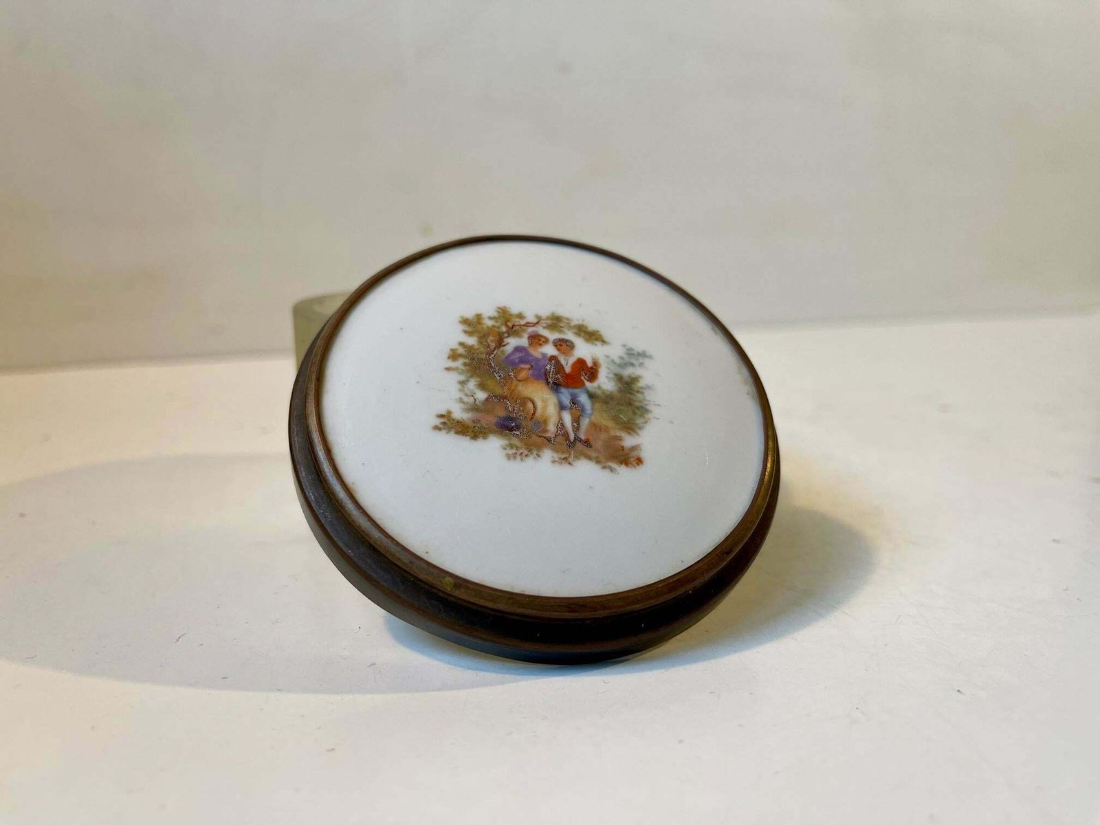 Antique French Powder Trinket In Hand Painted Porcelain & Glass photo for sale