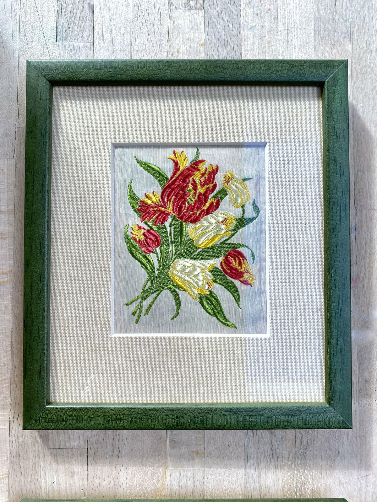 Set Of Four Framed Vintage Embroidered Kensitas Flowers Cards photo furniture