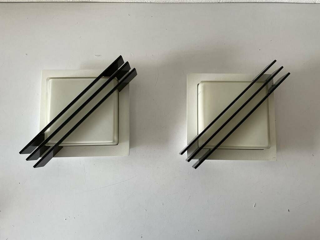 Rare Square Design Black Metal And Glass Pair Of Flush Mounts Or Sconces By Bega, 1960s, Germany