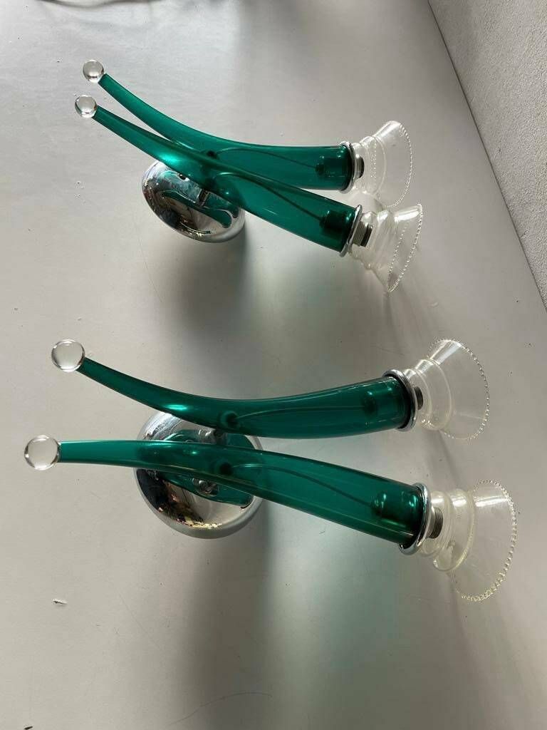 Green Italian Hand Crafted Semi Transparent Murano Glass Pair Of Large Sconces By Veart, 1970s, Italy photo Lighting