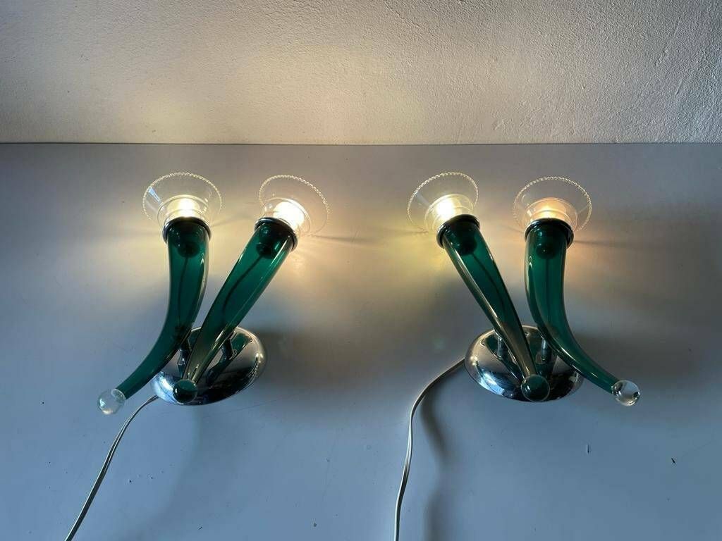 Green Italian Hand Crafted Semi Transparent Murano Glass Pair Of Large Sconces By Veart, 1970s, Italy photo buy