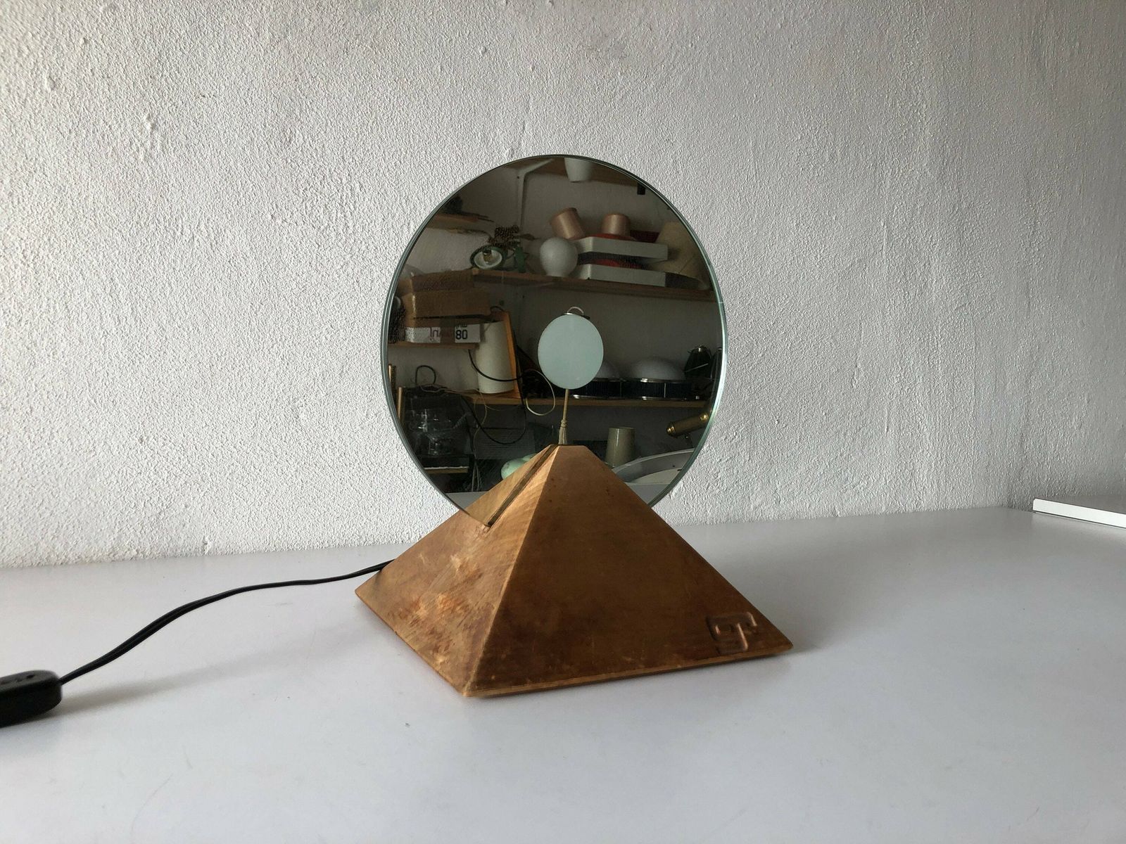 Exclusive Round Glass With Pyramid Wood Base Table Lamp By Gallotti E Radice, 1970s, Italy photo furniture