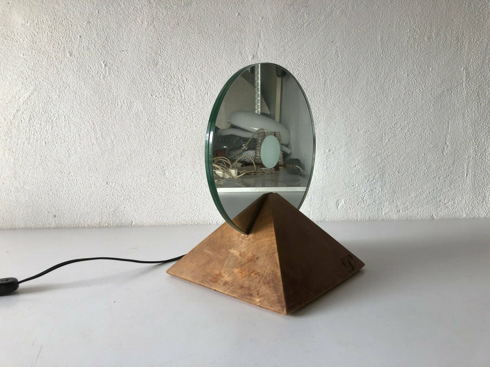 Exclusive Round Glass With Pyramid Wood Base Table Lamp By Gallotti E Radice, 1970s, Italy photo Lighting