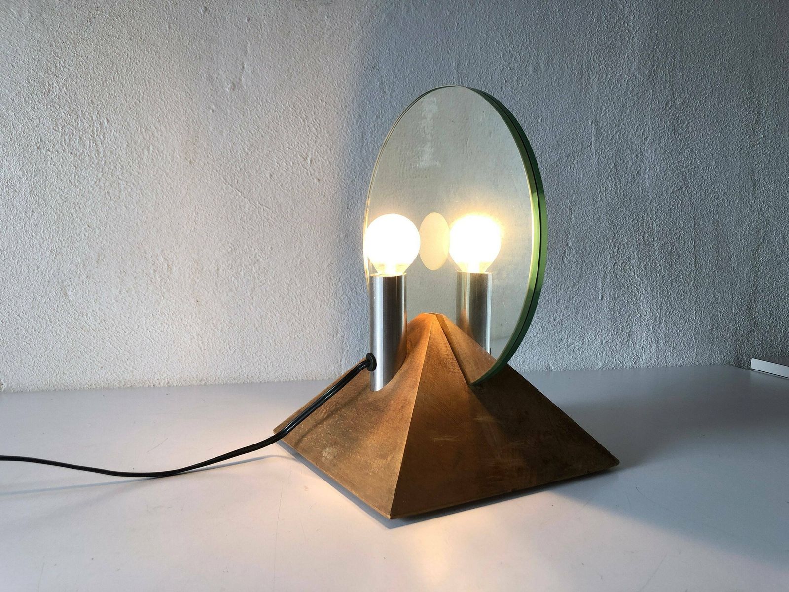 Exclusive Round Glass With Pyramid Wood Base Table Lamp By Gallotti E Radice, 1970s, Italy photo vinterior