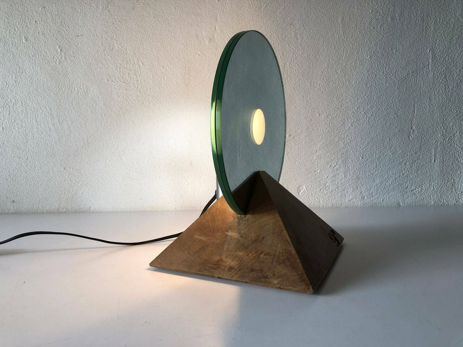 Exclusive Round Glass With Pyramid Wood Base Table Lamp By Gallotti E Radice, 1970s, Italy photo buy