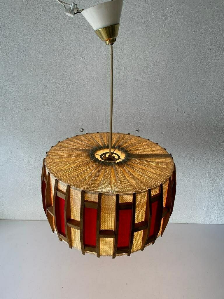 Beautiful Retro Red & Beige Fabric Shade   Wood Pendant Lamp, 1960s, Germany photo 912.64