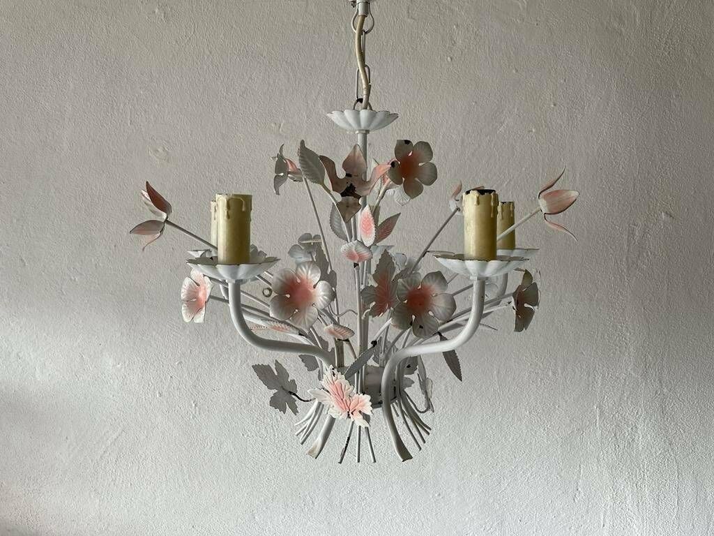 White And Pink Metal Bouquet Design Florentine Chandelier By Hans Kögl, 1970s, Germany