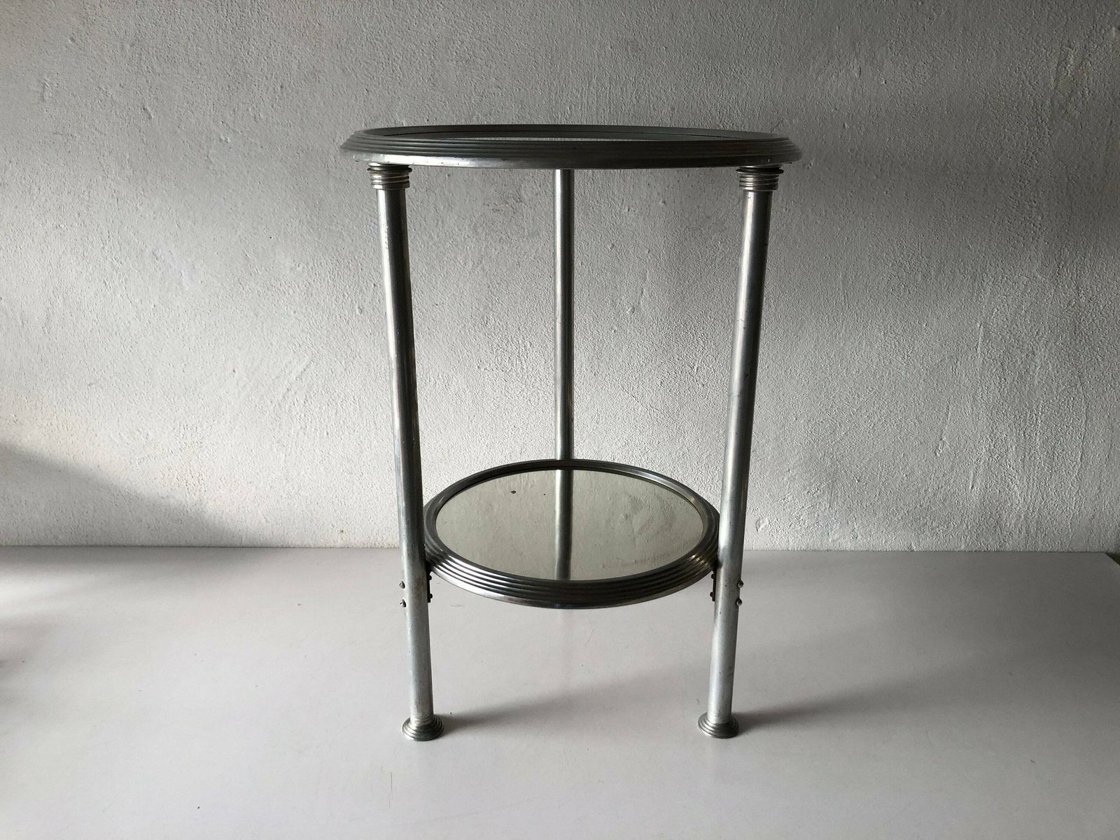 French Art Deco Round Aluminum Table With 2 Mirror Surface, 1940s, France photo for sale