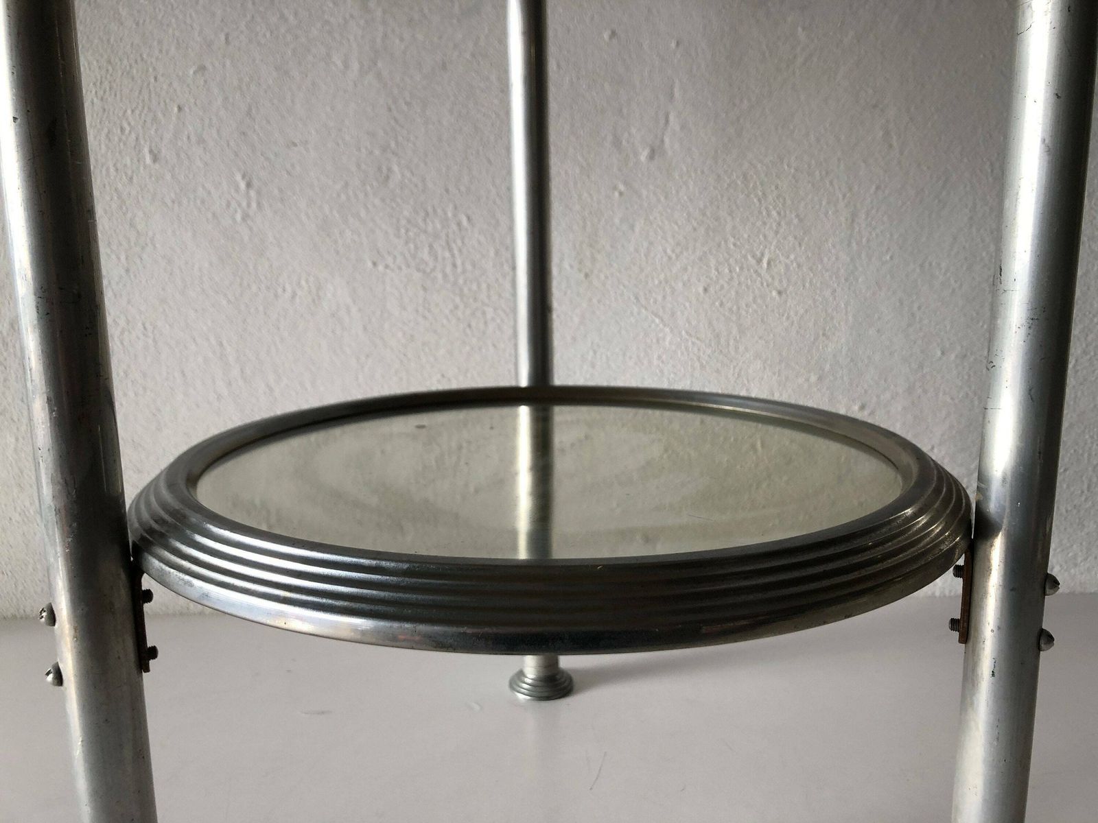 French Art Deco Round Aluminum Table With 2 Mirror Surface, 1940s, France photo vinterior