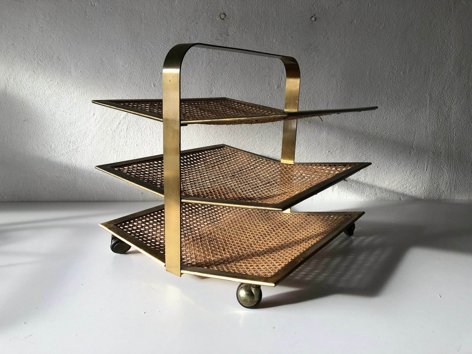 Mid Century Modern Wicker   Brass Wonderful Luxury Italian Magazine Rack With 3 Shelf, 1960s, Italy