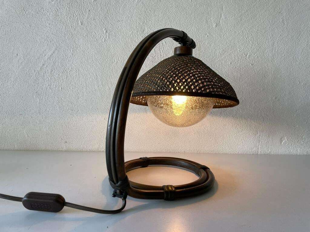 Rare Bamboo & Wicker Bedside Lamp With Air Bubble Glass By Temde, 1960s, Switzerland photo 491.04