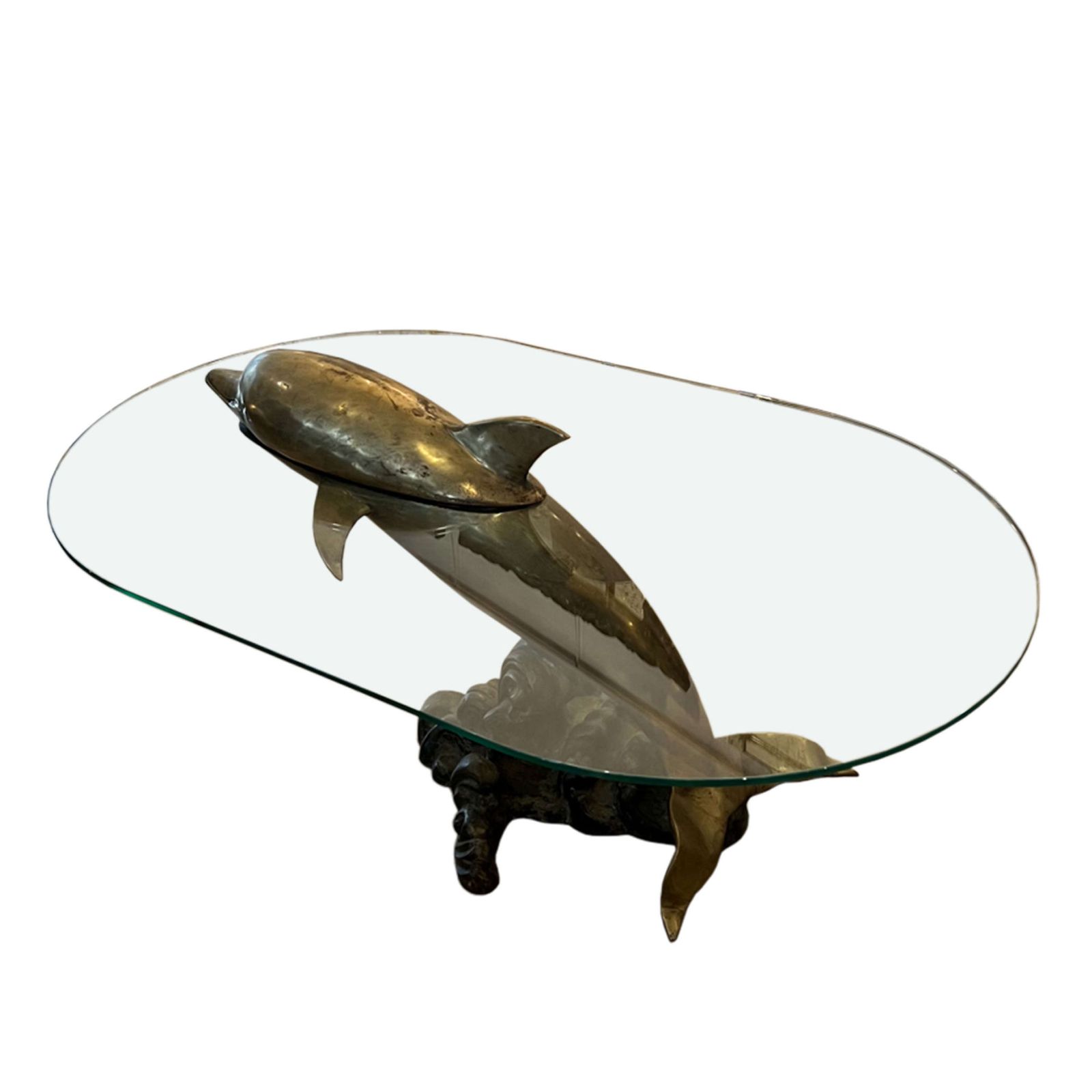 French Midcentury Brass And Glass Dolphin Coffee Table photo vinterior