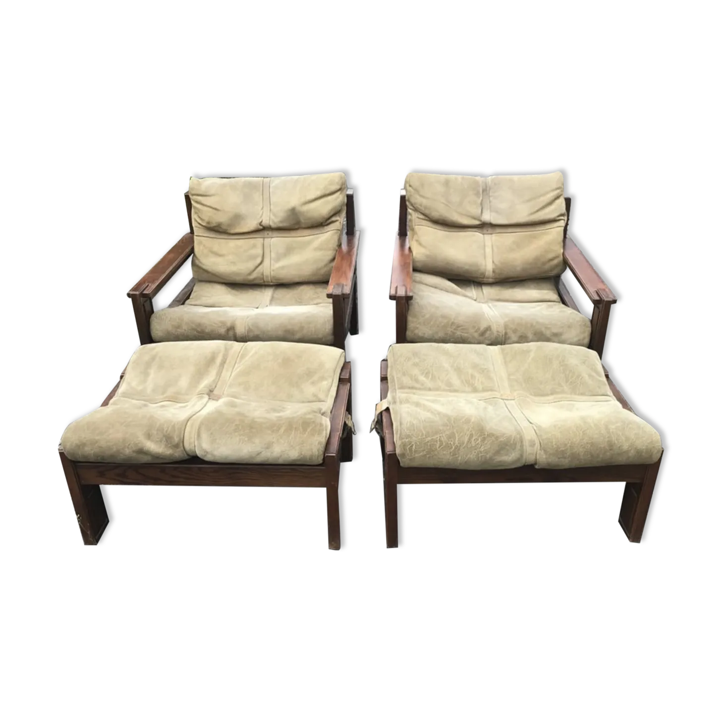 Wood & Leather Armchairs With Pouf, Set Of 4