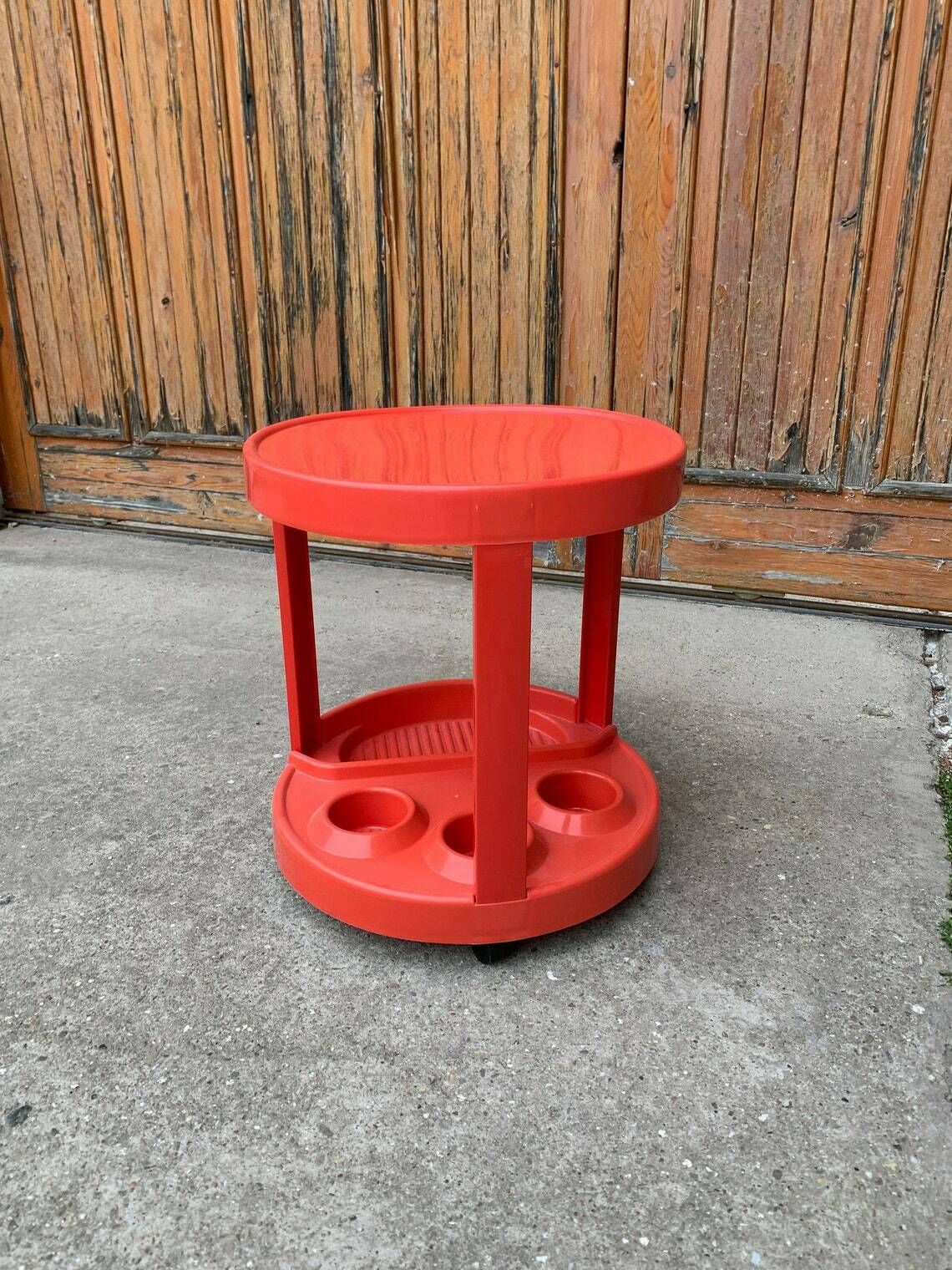Mid Century Italian Bar Cart In Red Plastic, 1970s