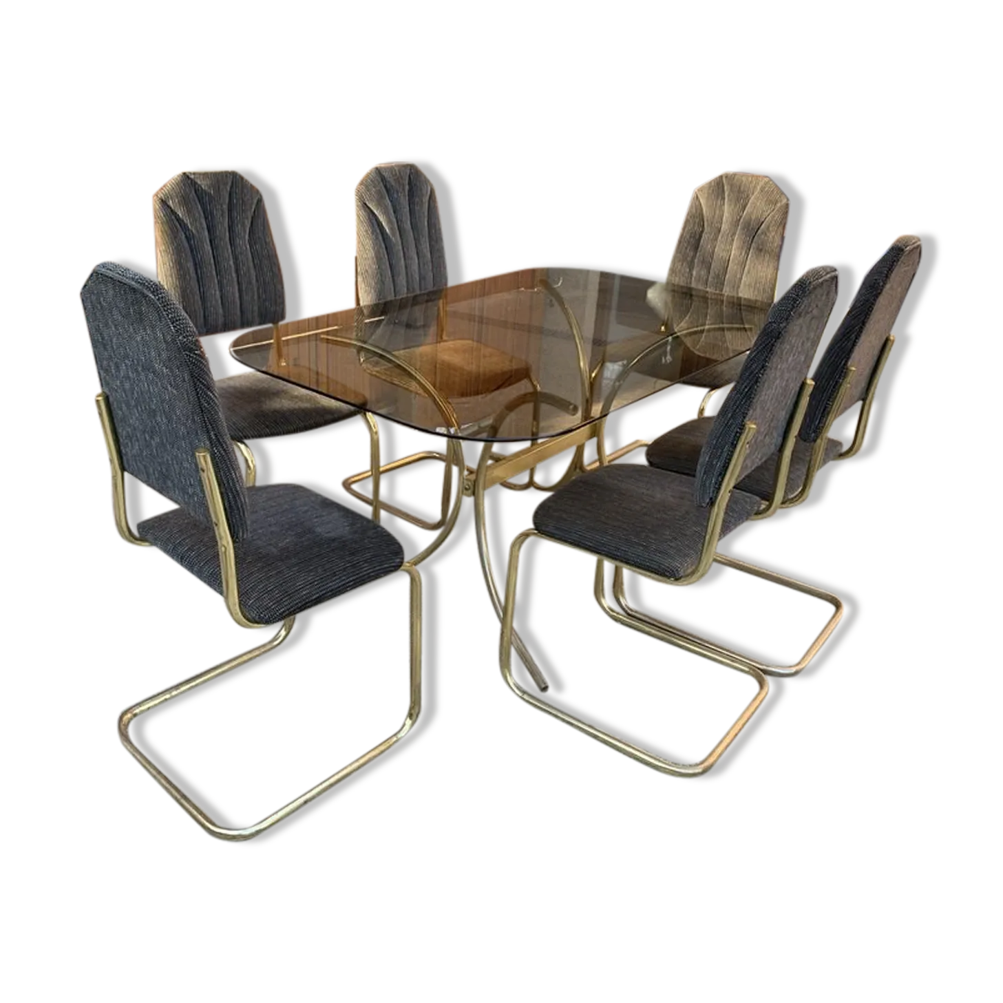 Vintage Italian Dining Chairs And Table In Brass, 1970s, Set Of 7