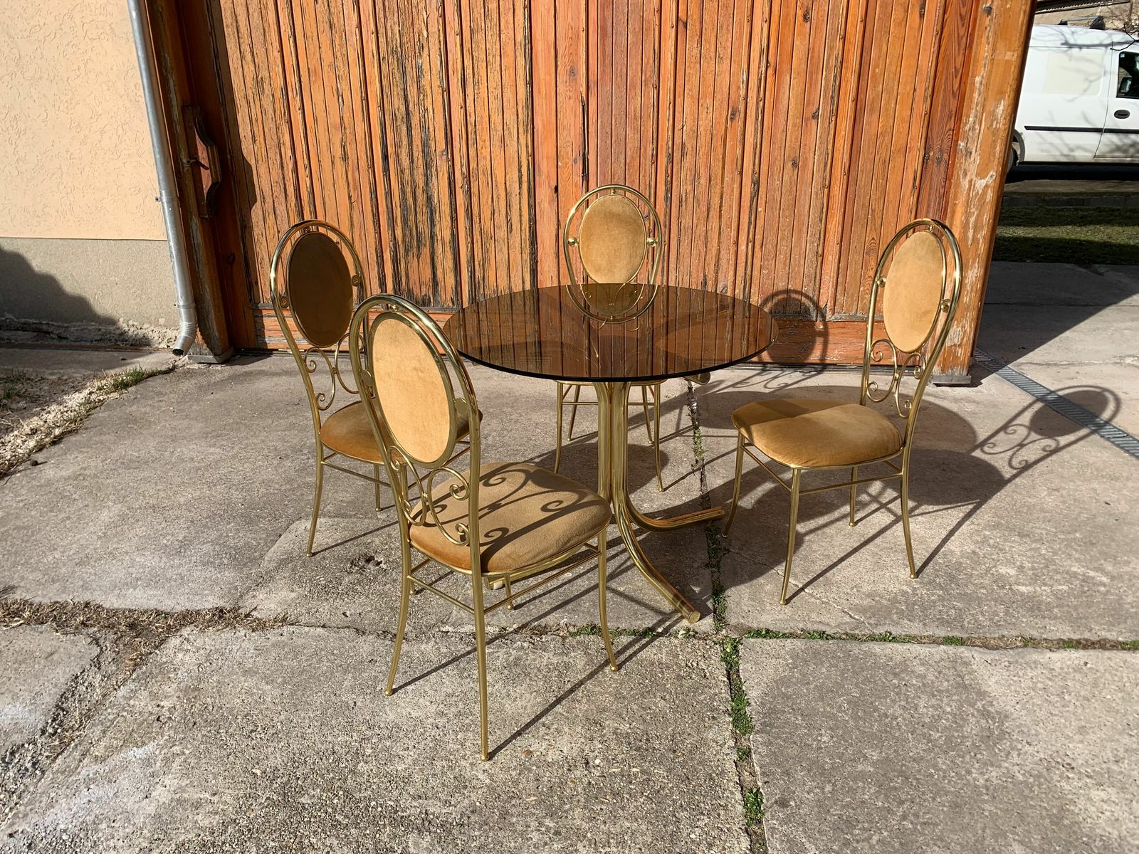 Vintage Italian Brass Dining Chairs And Table By Paolo Salice, 1970s, Set Of 5 photo for sale