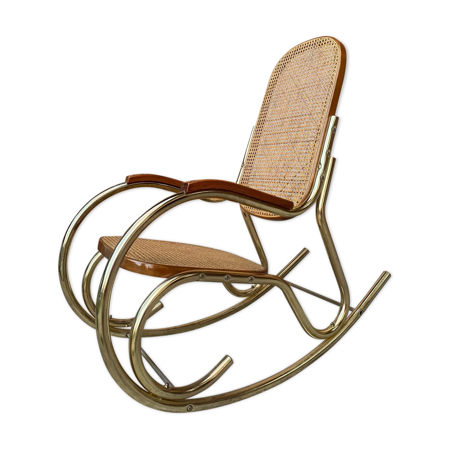 Vintage Brass & Cane Rocking Chair
