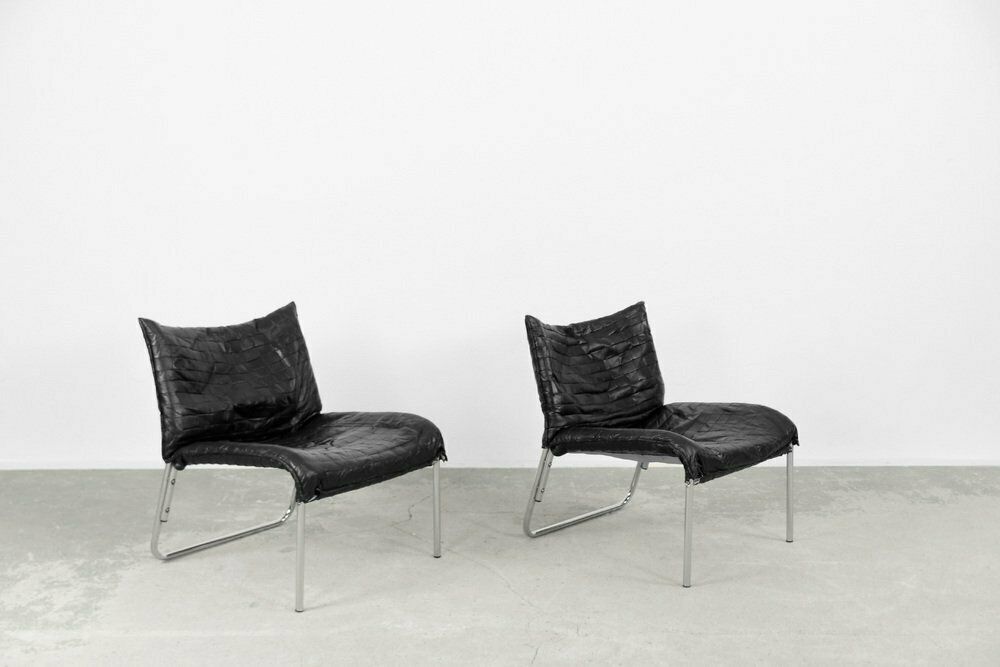 Mid Century Scandinavian Modern Black Patchwork Leather Lounge Chairs From Ikea, 1980s, Set Of 2