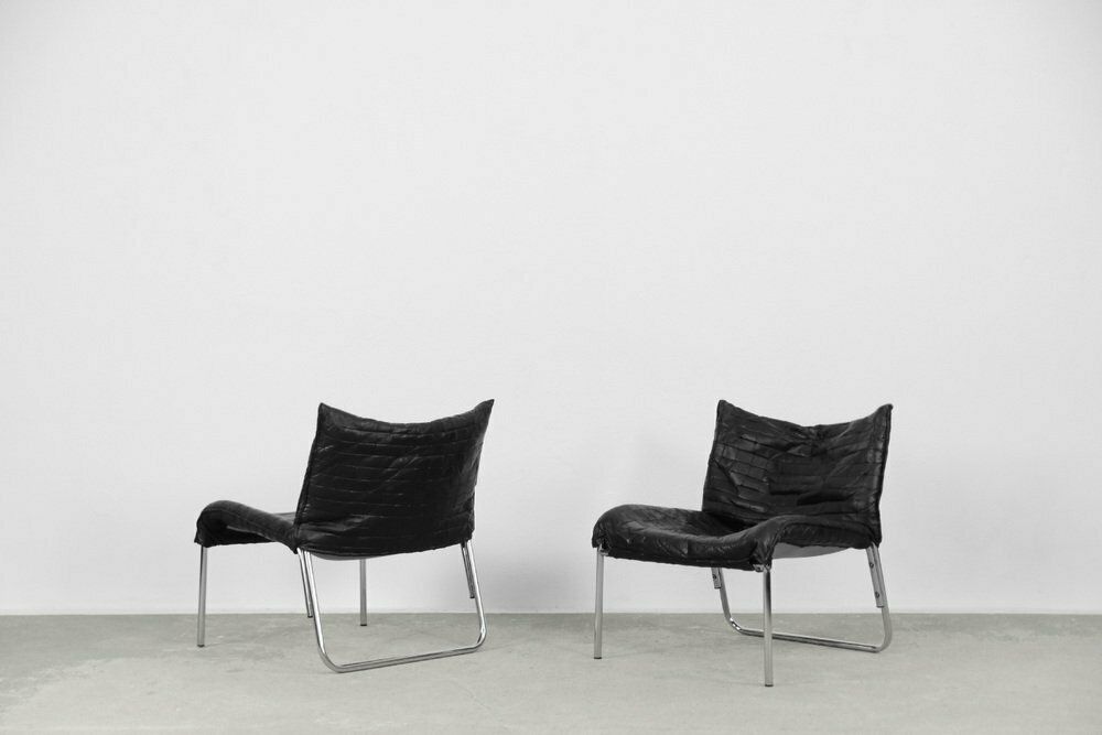 Mid Century Scandinavian Modern Black Patchwork Leather Lounge Chairs From Ikea, 1980s, Set Of 2 photo vinterior