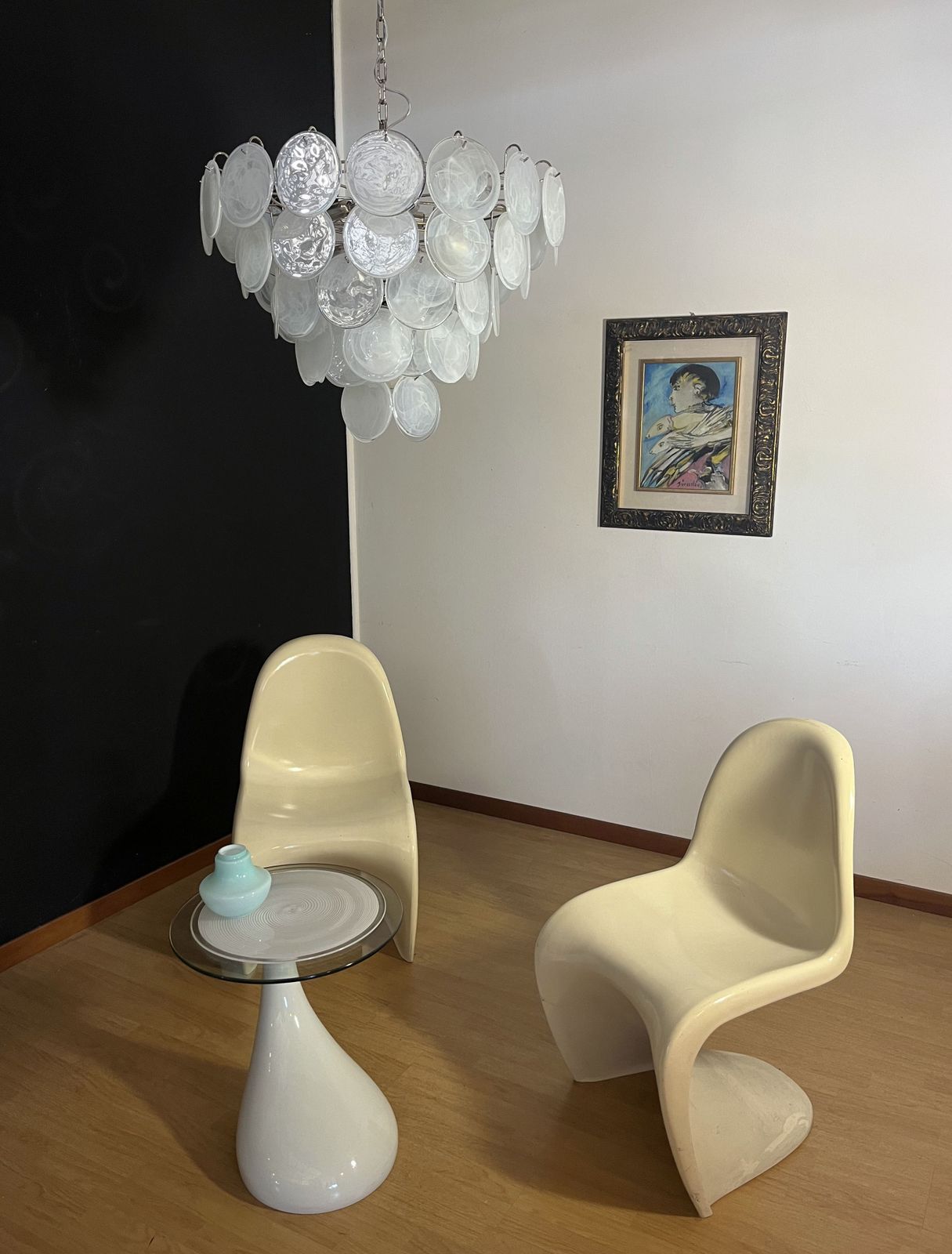 Lighting High Quality Murano Chandelier Space Age   57 White Albaster Iridescent Glasses photo