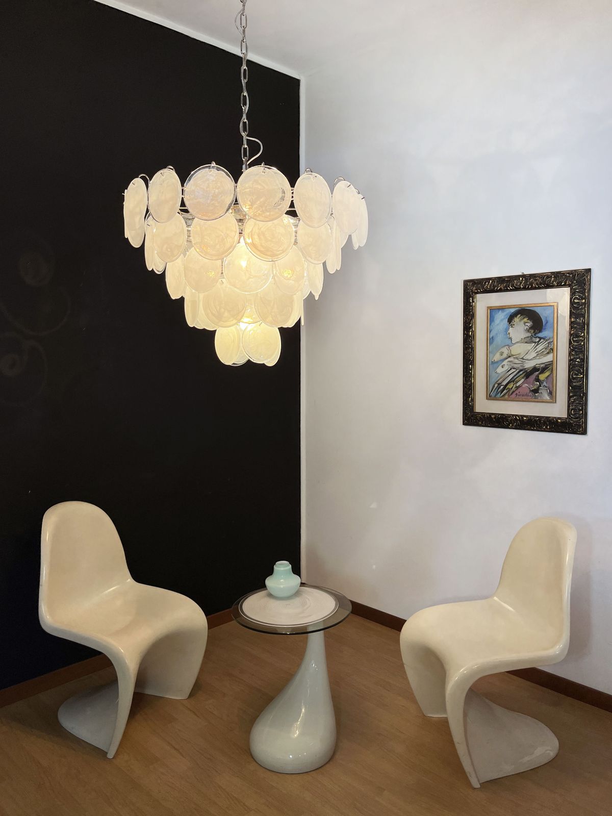 photo vinterior High Quality Murano Chandelier Space Age   57 White Albaster Iridescent Glasses