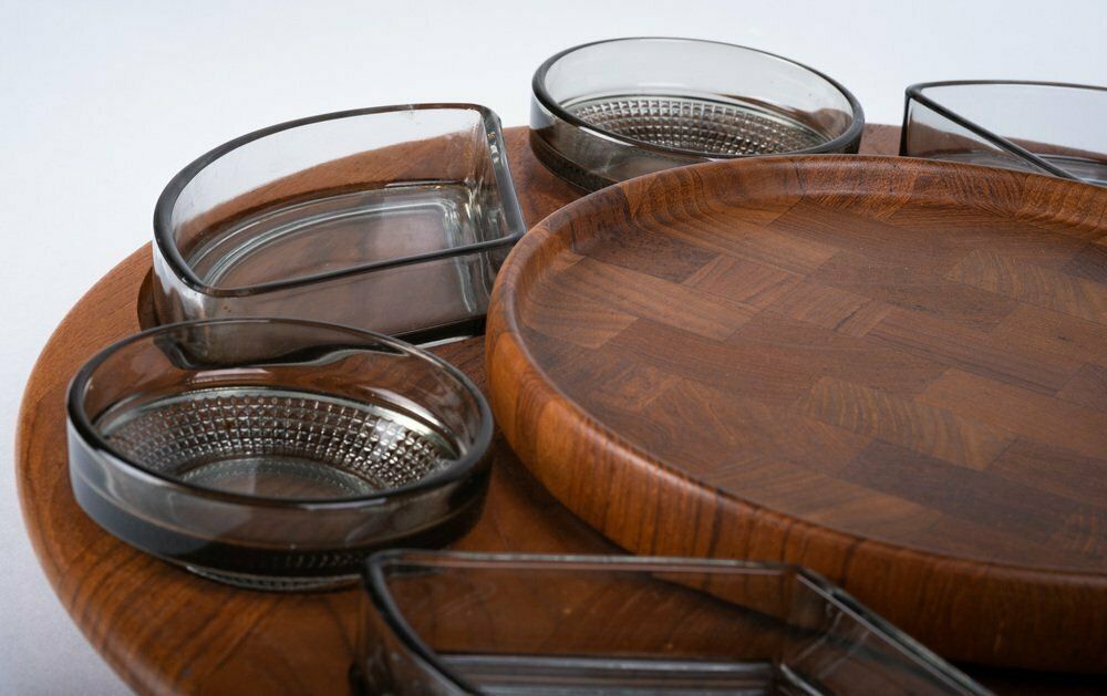 Danish Teak Carousel With 8 Glass Bowls From Glasværk Glassworks, 1960s, Set Of 8 photo furniture