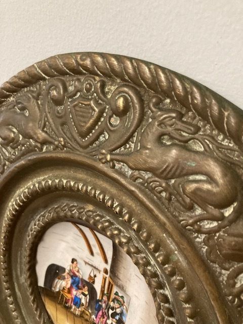 Antique 19th Century Miniature Porcelain Plate With Embossed Brass Frame. photo furniture
