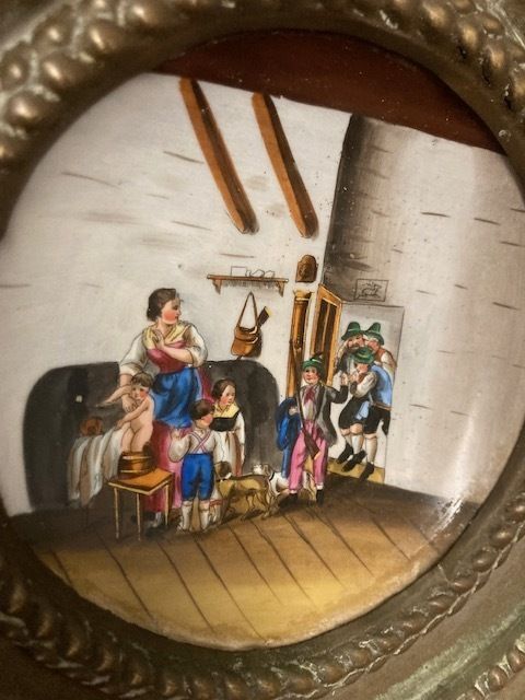 Antique 19th Century Miniature Porcelain Plate With Embossed Brass Frame. photo vinterior