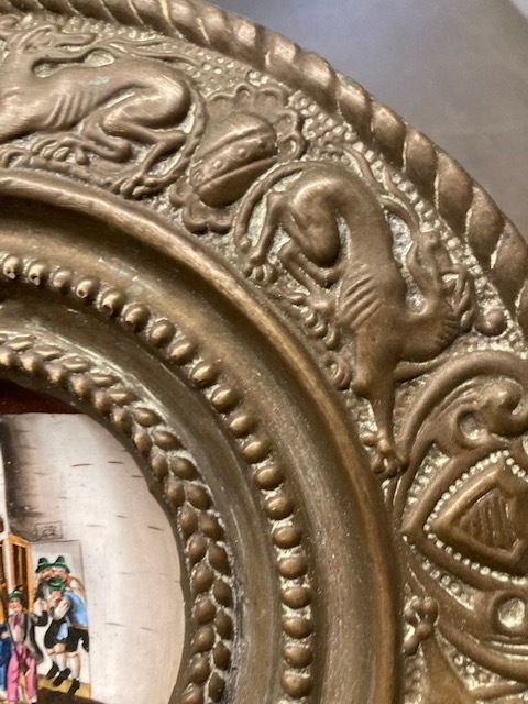 photo furniture Antique 19th Century Miniature Porcelain Plate With Embossed Brass Frame.