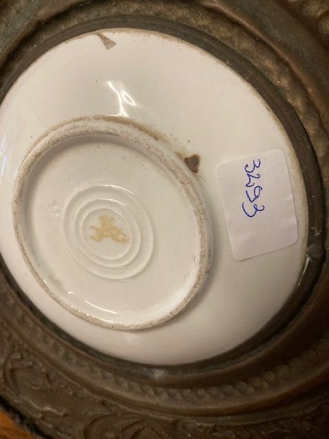 Art Antique 19th Century Miniature Porcelain Plate With Embossed Brass Frame. photo