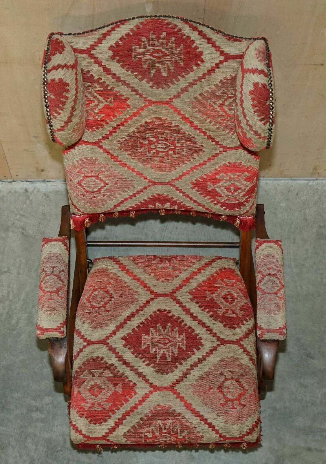Furniture Stunning Antique Victorian Military Campaign Kilim Upholstered Folding Armchair photo