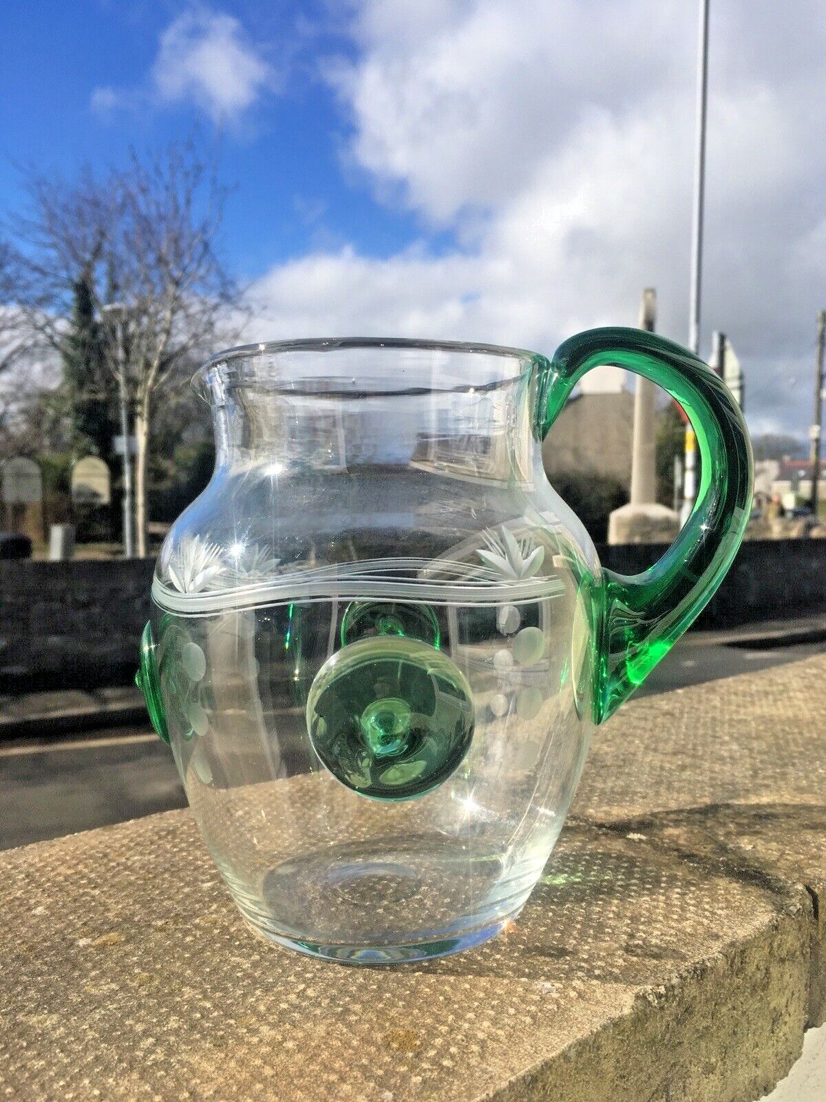 Unusual Art Deco Etched Clear Green Glass Nipple Roundel Water Pitcher Jug Czech photo furniture