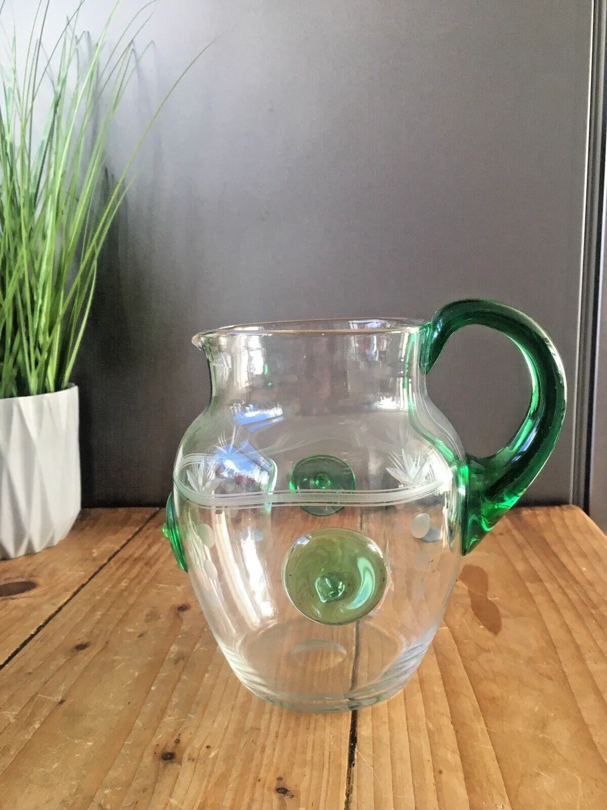 Unusual Art Deco Etched Clear Green Glass Nipple Roundel Water Pitcher Jug Czech photo for sale
