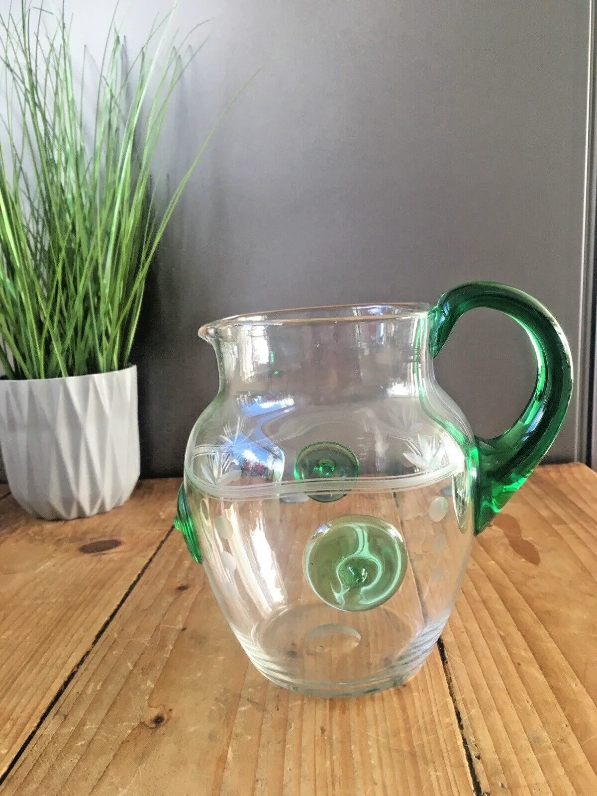 69.0 Unusual Art Deco Etched Clear Green Glass Nipple Roundel Water Pitcher Jug Czech photo