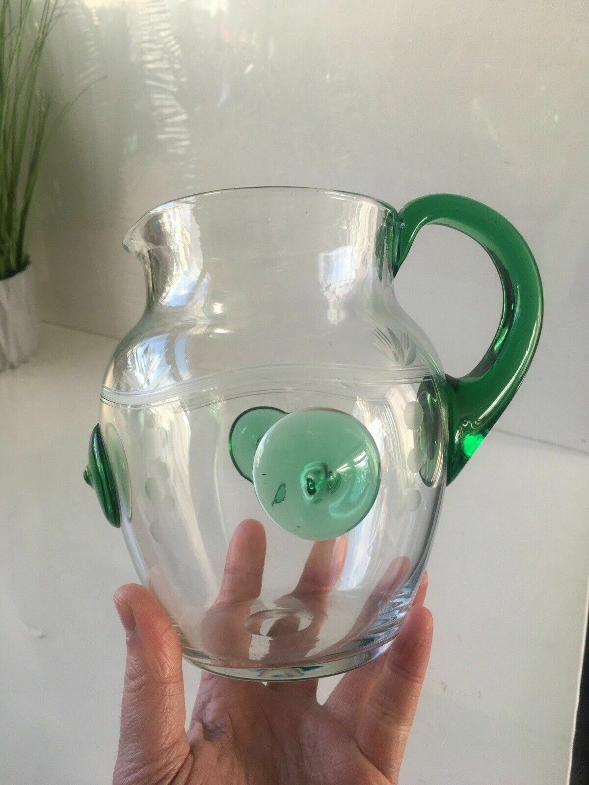photo buy Unusual Art Deco Etched Clear Green Glass Nipple Roundel Water Pitcher Jug Czech