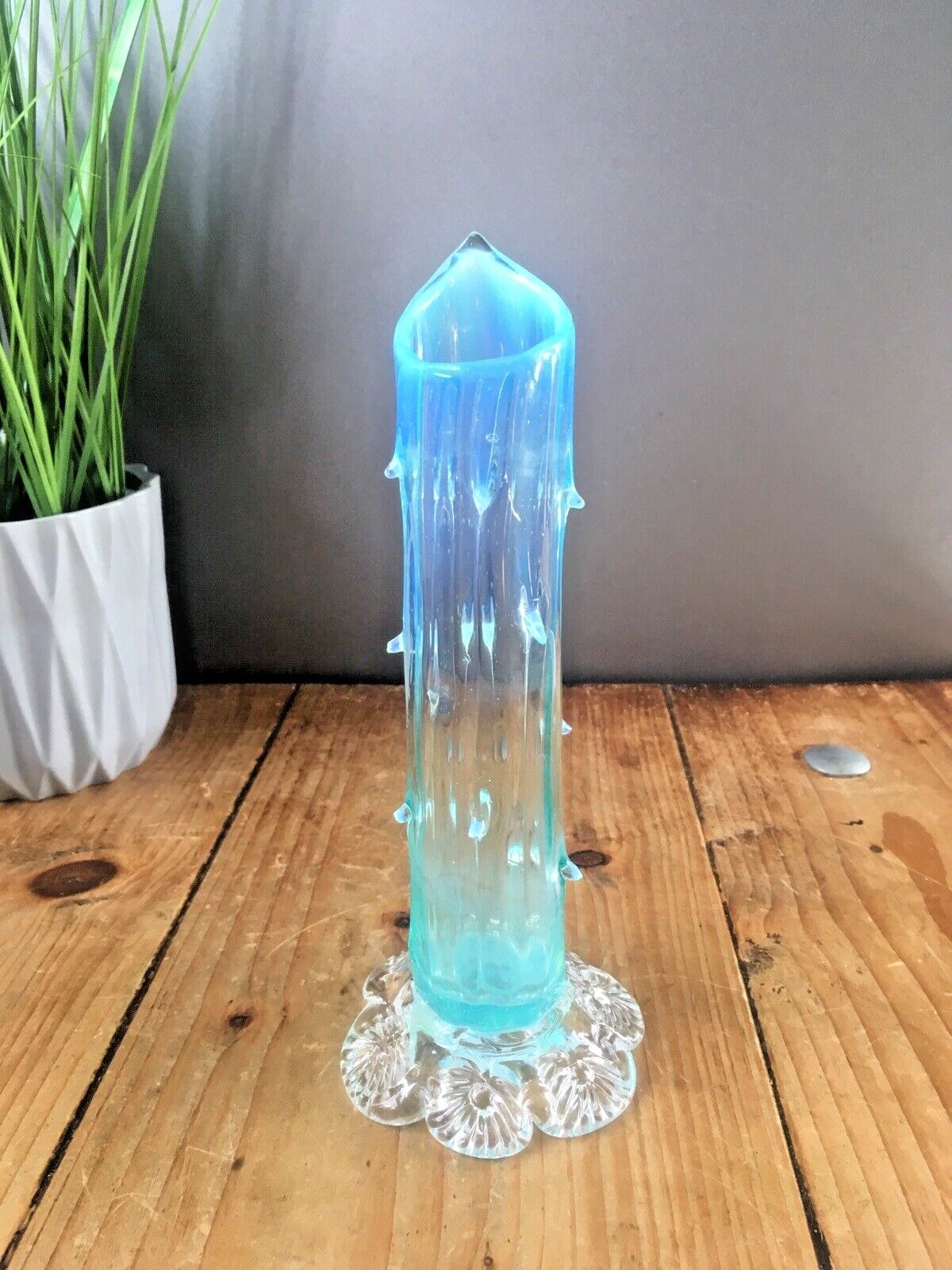 Antique 19th C Victorian Blue Vaseline Glass Opalescent Spiked Footed Bud Vase photo furniture