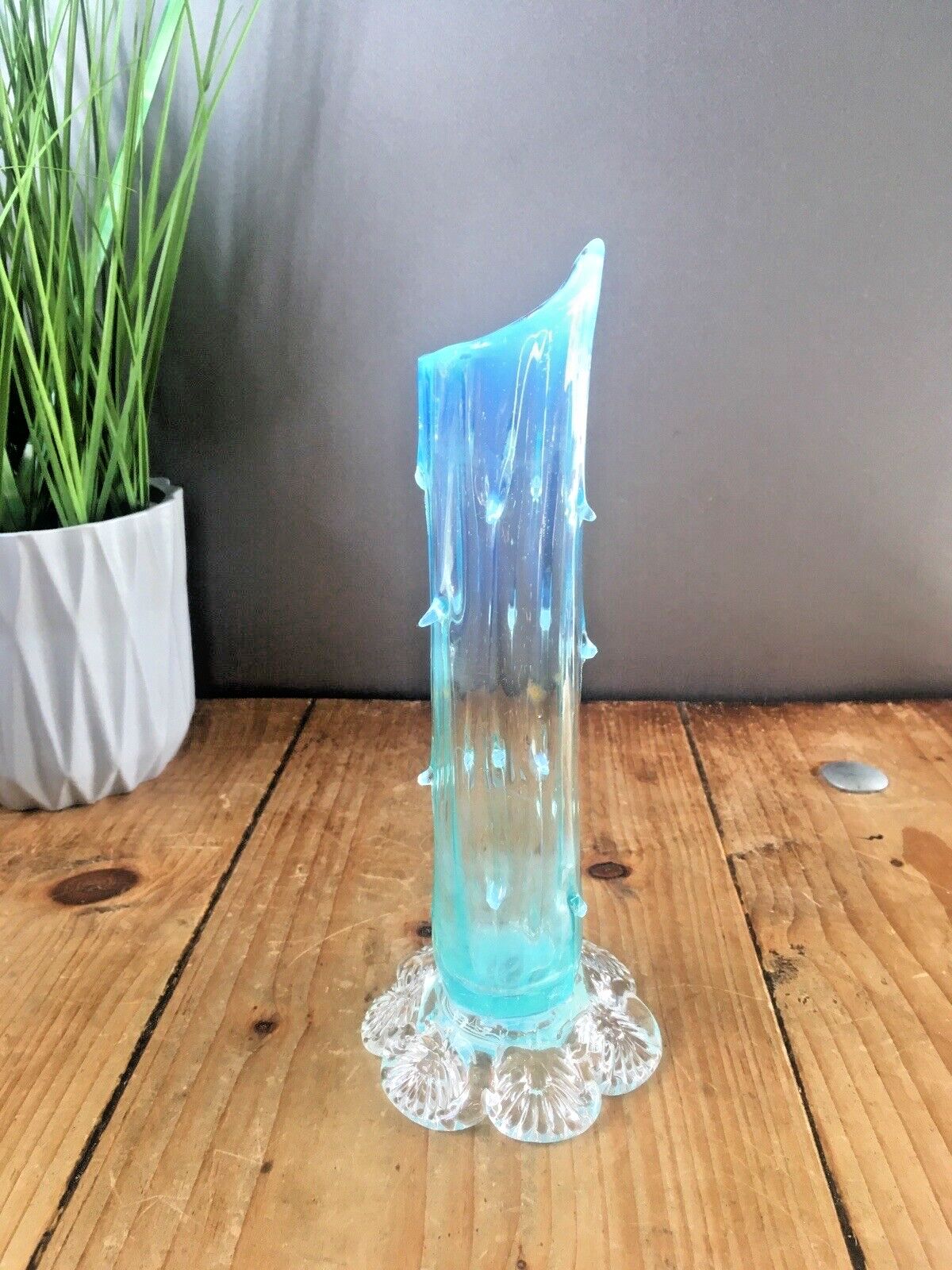 Antique 19th C Victorian Blue Vaseline Glass Opalescent Spiked Footed Bud Vase photo for sale