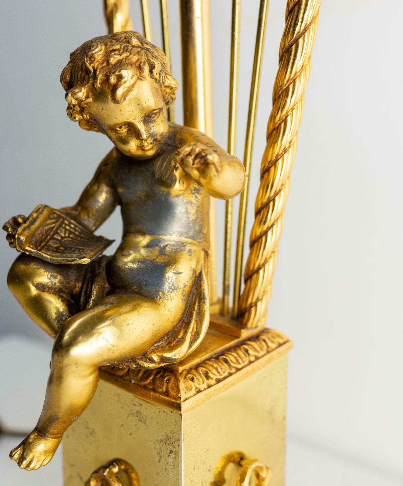 French Brass Table Lamp With Putti Reading In Front Of A Harp, Mid Century photo buy