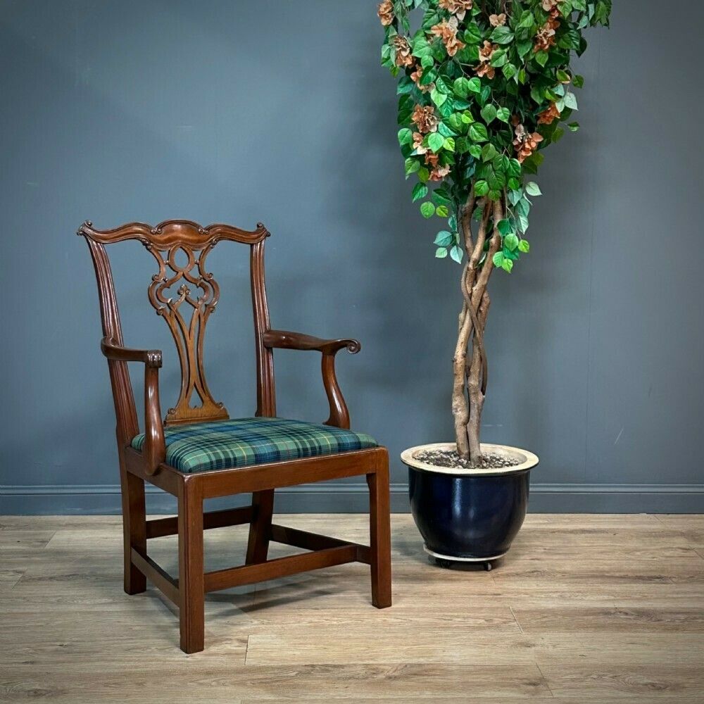 Attractive Vintage Chippendale Style Mahogany Carver Chair, Newly Upholstered