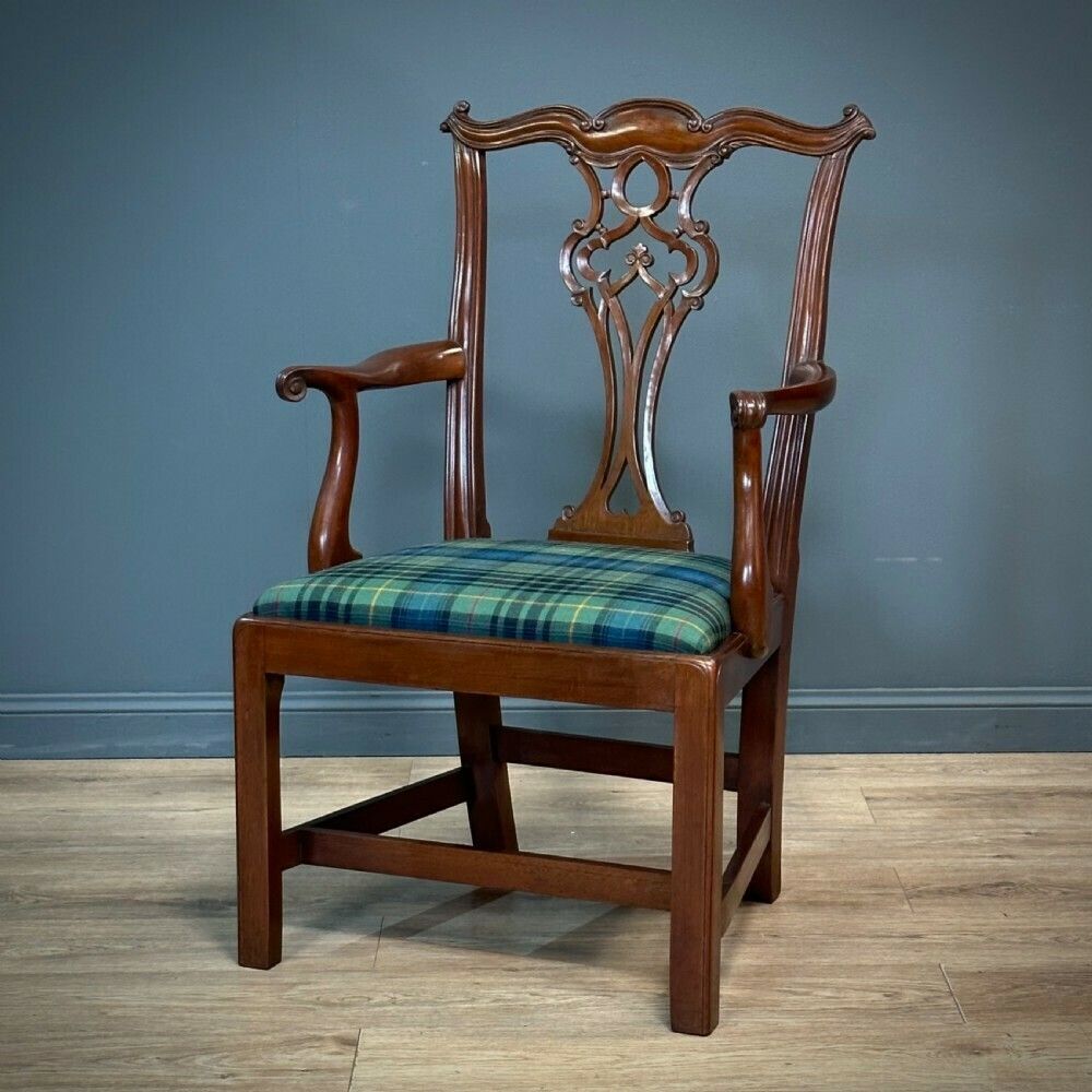 Attractive Vintage Chippendale Style Mahogany Carver Chair, Newly Upholstered photo furniture