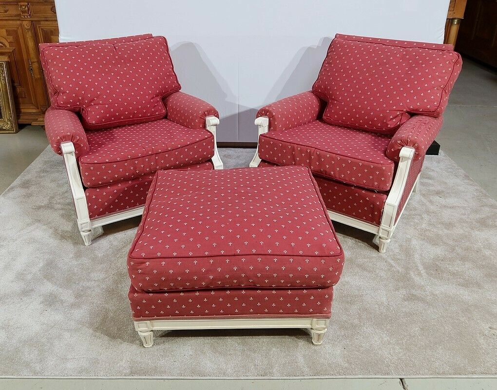 Pair Of Large Bergeres And Ottoman, Louis XVI Style, 20th photo furniture