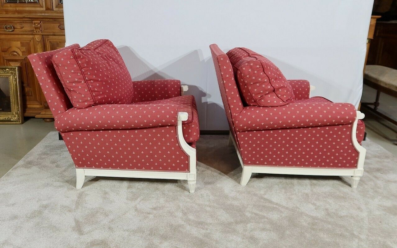 Pair Of Large Bergeres And Ottoman, Louis XVI Style, 20th photo vintage