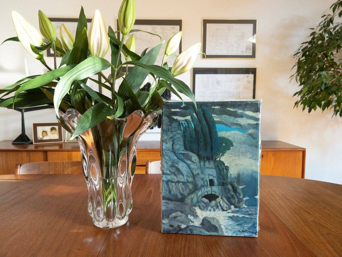 Original Acrylic Painting Of Ocean   Waves Crashing In On A Secret Cave   Dated 1938 photo furniture