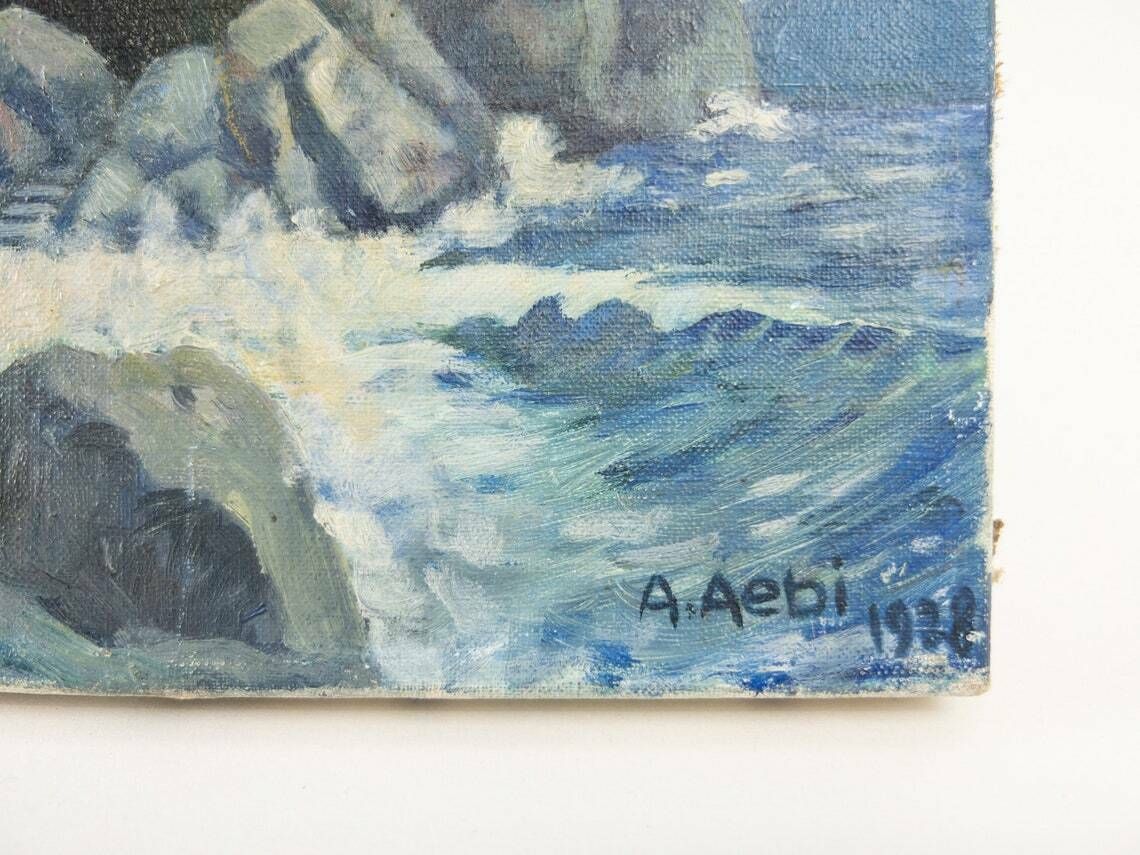 Original Acrylic Painting Of Ocean   Waves Crashing In On A Secret Cave   Dated 1938 photo 75.0