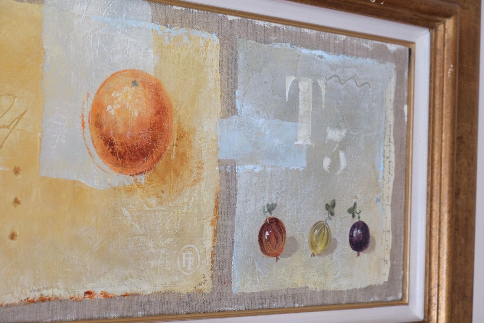 photo vintage Triptych Oil On Canvas Painting Of Fruit By F Ferron