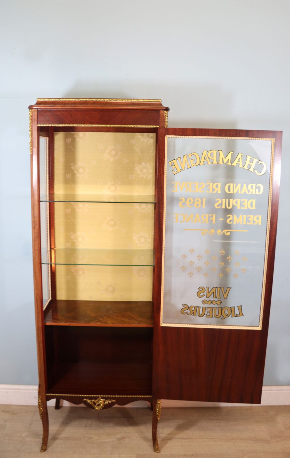 A Lovely 20th Century Mahogany Veneered, Floral Inlaid And Metal Mounted Vitrine Or Display Cabinet. photo furniture
