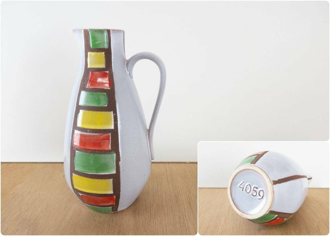 Veb Haldensleben Vases And Bowl With Green, Red And Yellow Striped Glaze photo Home Decor